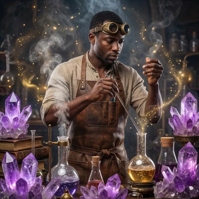 Алхимик в лаборатории кристаллов — AI промт для Nano Banana Pro