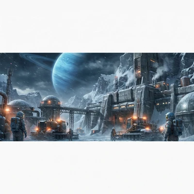 Арктическая станция на ледяном спутнике — AI промт для Nano Banana Pro