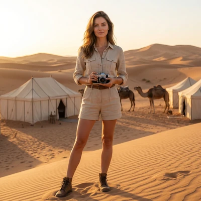Блогер-путешественник в пустыне Сахара — AI промт для Nano Banana Pro