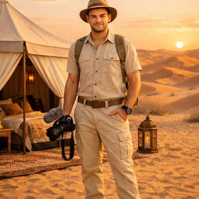 Блогер-путешественник в пустыне — AI промт для GPT Image 1.5