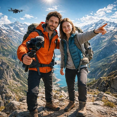 Блогеры-путешественники в горах — AI промт для GPT Image 1.5