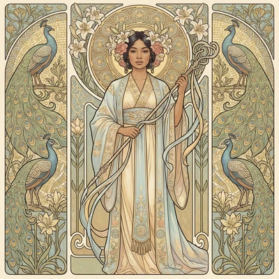 Богиня в стиле ар-нуво Альфонса Мухи — AI промт для Nano Banana Pro