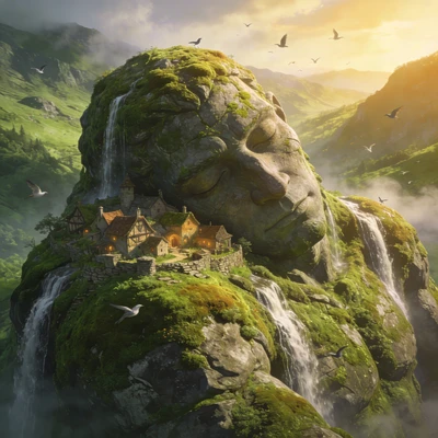 Деревня на спине спящего гиганта — AI промт для Seedream 4.5