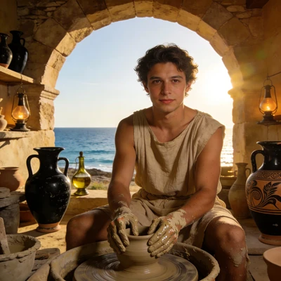 Древнегреческий гончар в мастерской — AI промт для Seedream 4.5