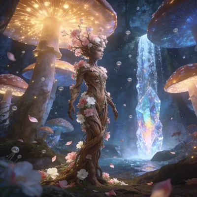 Дриада в роще гигантских грибов — AI промт для Seedream 4.5