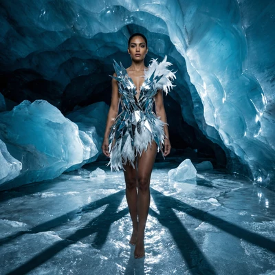 Фэшн-съемка в ледяной пещере — AI промт для Nano Banana Pro