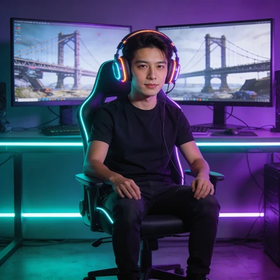 Геймер в неоновой комнате — AI промт для Seedream 4.5