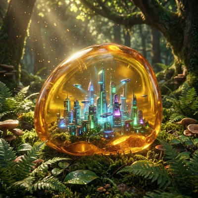 Город в гигантском янтаре — AI промт для Nano Banana Pro