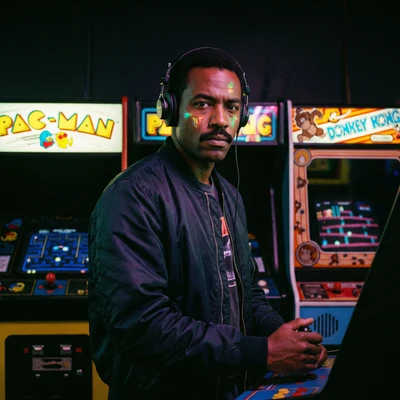 Игрок в ретро-автоматы 80-х — AI промт для Nano Banana Pro