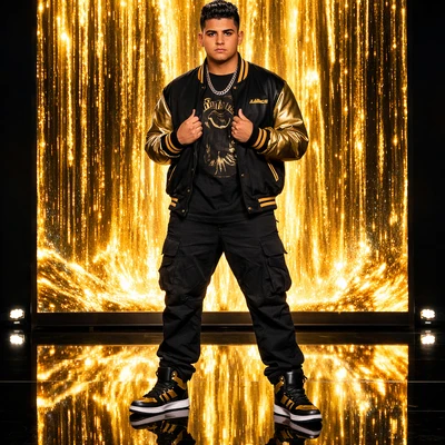 Инфлюенсер на фоне цифрового водопада — AI промт для GPT Image 1.5