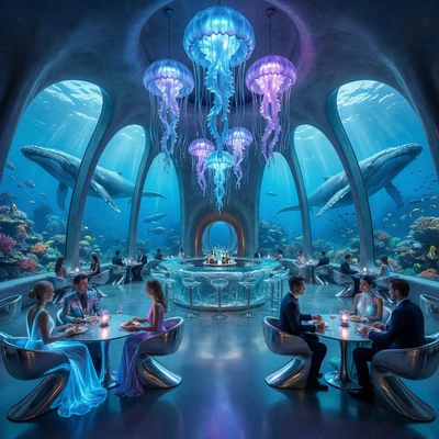 Интерьер подводного ресторана будущего — AI промт для Nano Banana Pro