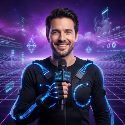 Интервьюер в футуристичном VR-пространстве — AI промт для Nano Banana Pro