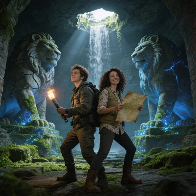 Исследователи заброшенного храма — AI промт для Seedream 4.5