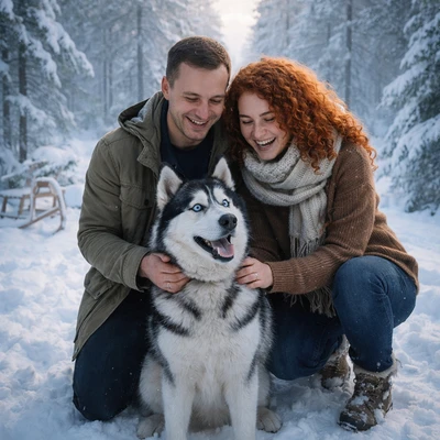 Хозяева зимнего леса: Прогулка с Хаски — AI промт для GPT Image 1.5