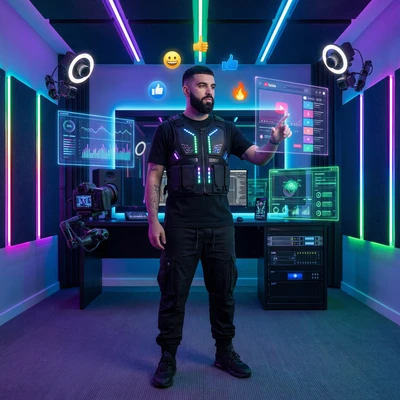 Кибер-блогер во время стрима — AI промт для Nano Banana Pro