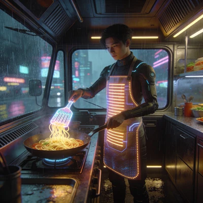 Кибер-кулинар в неоновом фудтраке — AI промт для Seedream 4.5
