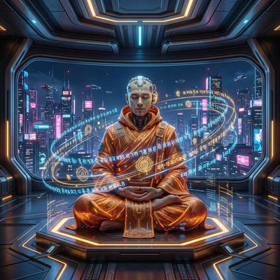 Кибер-монах в храме будущего — AI промт для Nano Banana Pro