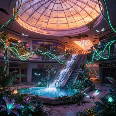 Кибер-оазис в заброшенном торговом центре — AI промт для Nano Banana Pro