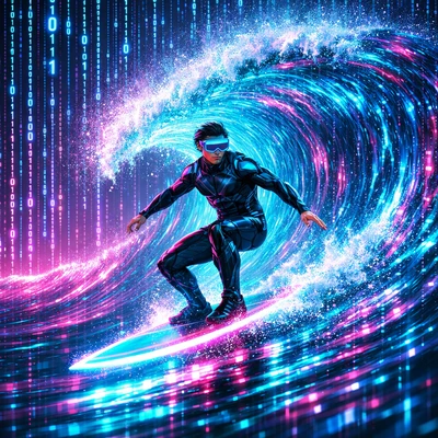 Кибер-серфер на цифровой волне — AI промт для GPT Image 1.5
