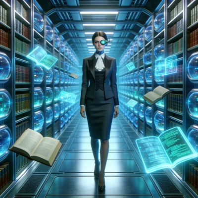 Кибернетический библиотекарь будущего — AI промт для Seedream 4.5