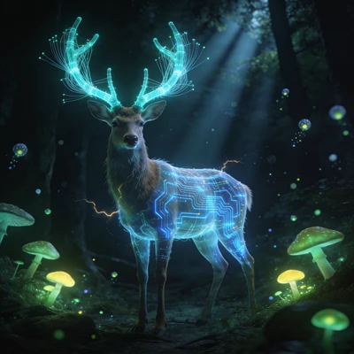 Кибернетический олень в лесу будущего — AI промт для Seedream 4.5