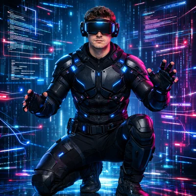 Киберпанк-хакер в виртуальной реальности — AI промт для GPT Image 1.5