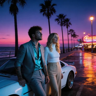 Кинематографичный дуэт: Детективы на Майами — AI промт для Seedream 4.5