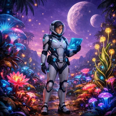 Космический биолог в инопланетном саду — AI промт для GPT Image 1.5