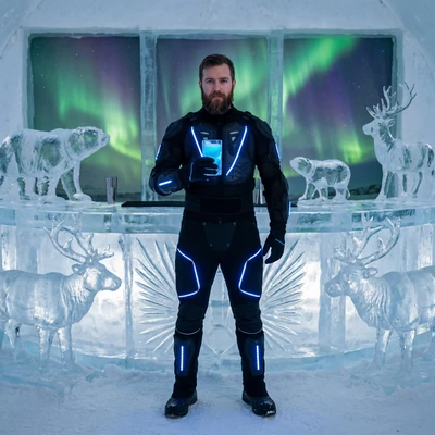 Ледяной отель: Бармен из будущего — AI промт для Nano Banana Pro