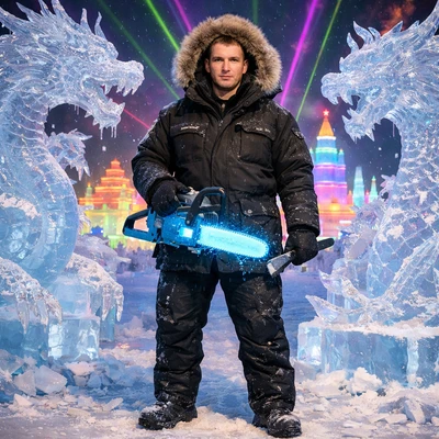 Ледяной скульптор на зимнем фестивале — AI промт для GPT Image 1.5