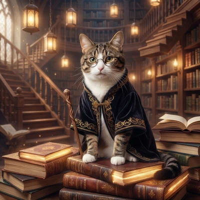 Магический кот-библиотекарь в Хогвартсе — AI промт для Nano Banana Pro