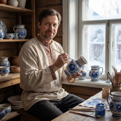 Мастер Гжели за работой — AI промт для Nano Banana Pro