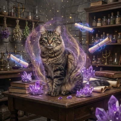 Мистический кот-фамильяр с кристаллами — AI промт для Nano Banana Pro