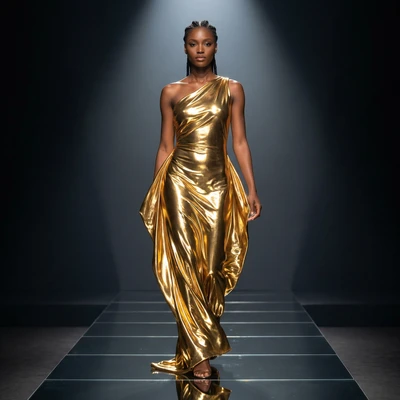 Модель на подиуме из жидкого золота — AI промт для Nano Banana Pro