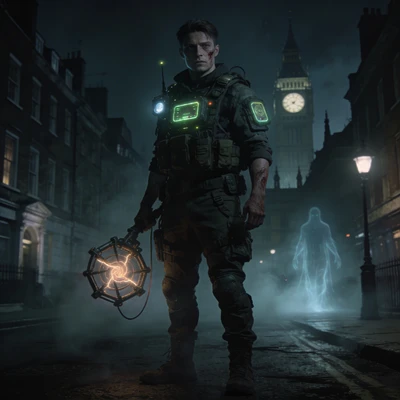 Охотник за привидениями в туманном городе — AI промт для Seedream 4.5