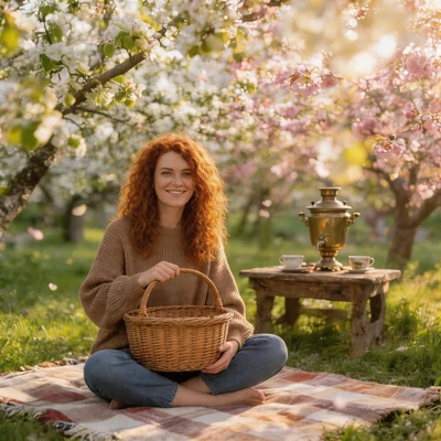Первомайский пикник в цветущем саду — AI промт для Seedream 4.5