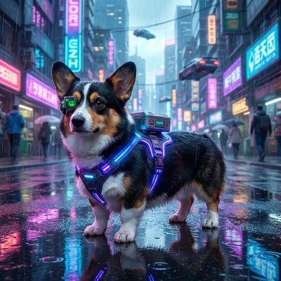 Пёс-киберпанк курьер — AI промт для Nano Banana Pro