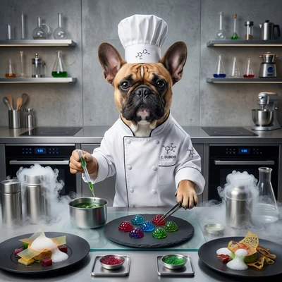 Пёс — шеф-повар молекулярной кухни — AI промт для Nano Banana Pro