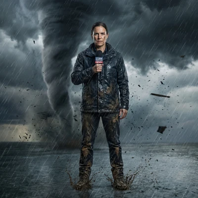 Репортер в эпицентре торнадо — AI промт для Nano Banana Pro