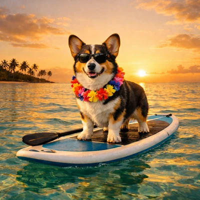 Собака-сапсерфер на тропическом закате — AI промт для GPT Image 1.5