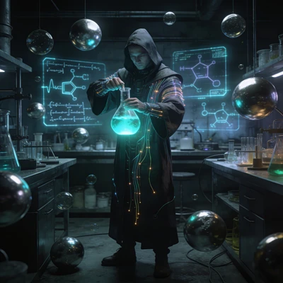 Техно-алхимик будущего — AI промт для Seedream 4.5