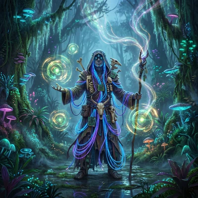 Техно-шаман в неоновом лесу — AI промт для Nano Banana Pro