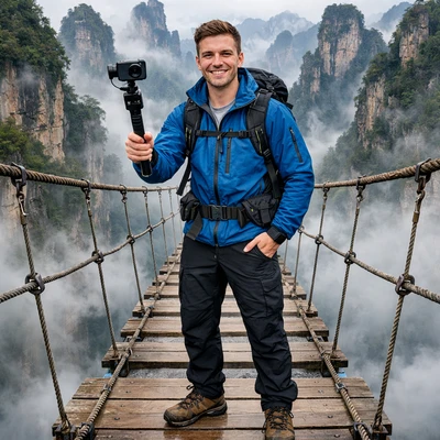 Тревел-блогер на парящих скалах Китая — AI промт для GPT Image 1.5