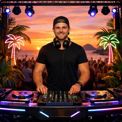 Тропический диджей на закате — AI промт для GPT Image 1.5