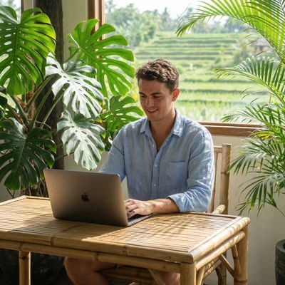 Цифровой кочевник в балийском коворкинге — AI промт для Nano Banana Pro