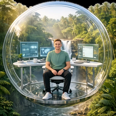 Цифровой кочевник в офисе-пузыре на Бали — AI промт для GPT Image 1.5