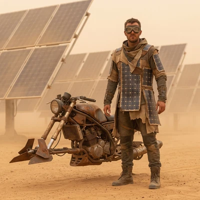 Цифровой кочевник в пустыне Сахара 2077 — AI промт для Nano Banana Pro