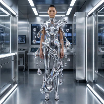 Цифровой кутюр из жидкого серебра — AI промт для Nano Banana Pro