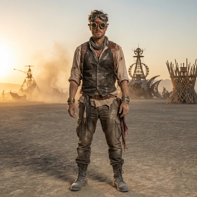 Участник фестиваляBurning Man в стиле стимпанк — AI промт для Nano Banana Pro