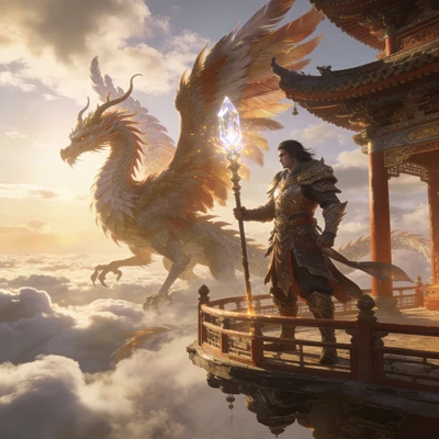 Укротитель драконов в небесном храме — AI промт для Seedream 4.5